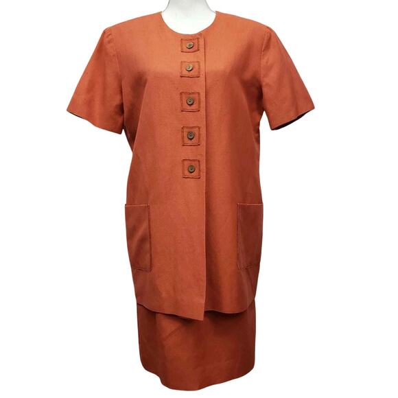Theo Miles Jacket and Skirt Suit Set Plus Size 14 Linen Rayon Orange Vintage - Picture 1 of 12